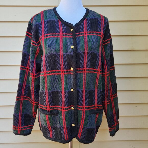 VTG Liz Baker Multicolor Plaid Cardigan Sweater Pockets Gold Buttons Grandma - Picture 2 of 13
